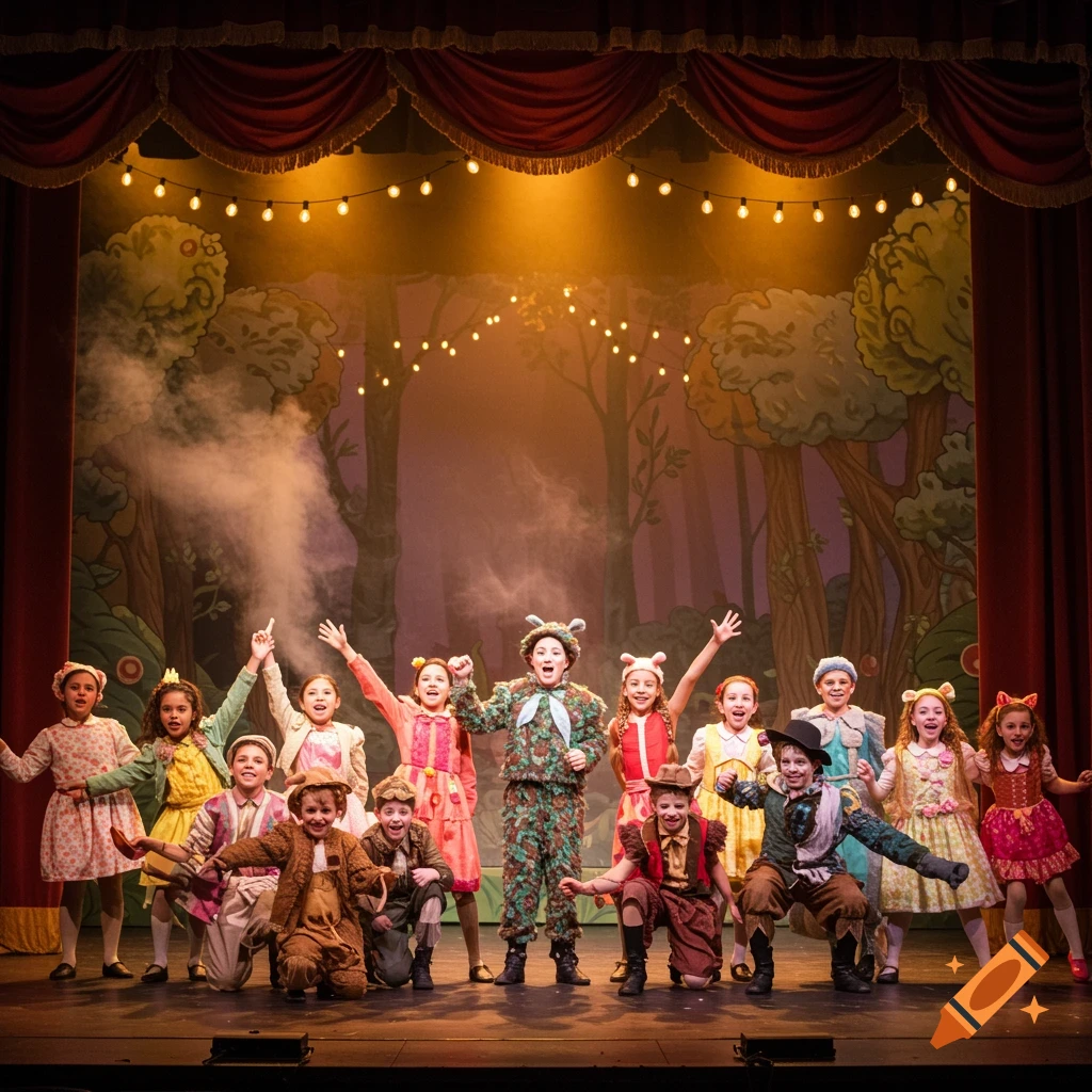 A group of children in animal and fantasy costumes perform a play on a lit stage with a forest backdrop.