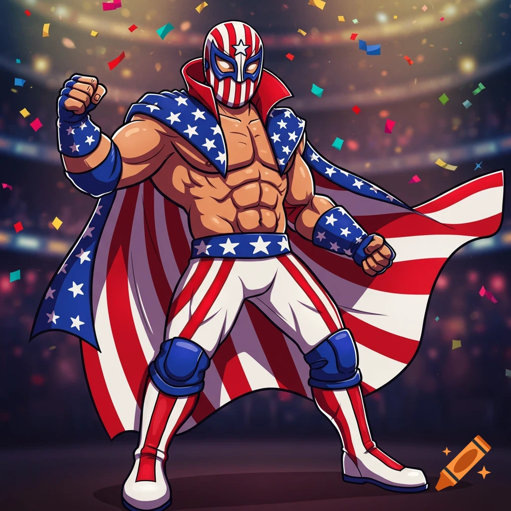 A muscular cartoon patriotic wrestler in an American flag costume and mask, flexing in a confetti-filled wrestling ring.