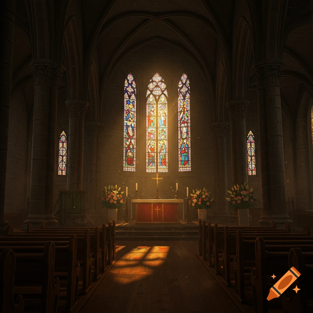 Dimly lit church sanctuary with colorful stained glass windows illuminating the altar and rows of wooden pews with sunbeams.