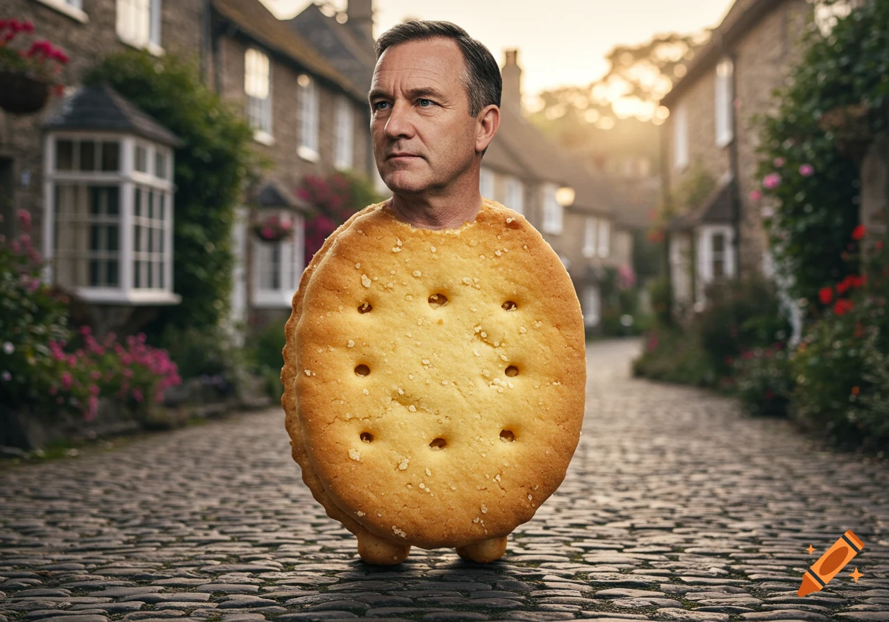 A photorealistic image of a man's head on a large, round biscuit body, standing on a cobblestone street in a village.
