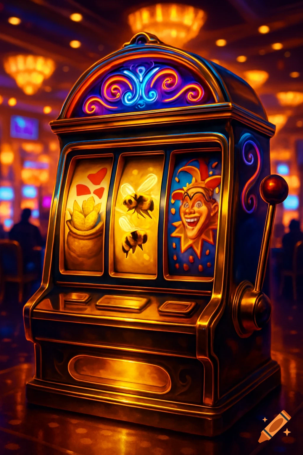 A vibrant, stylized slot machine with three reels showing corn bags, two bees, and a grinning joker's face, set in a dimly lit casino.