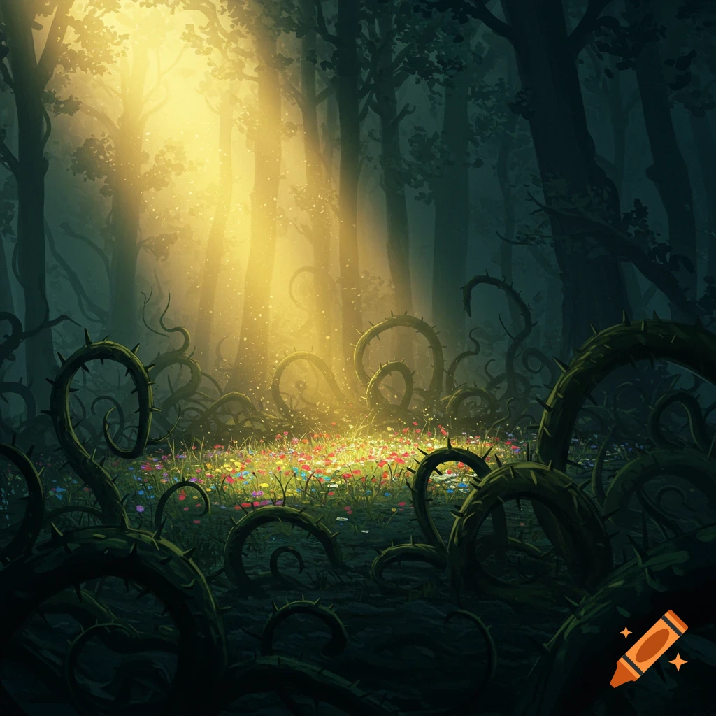 Digital art of a dark forest path illuminated by crepuscular rays, revealing a field of colorful flowers surrounded by thorny vines.