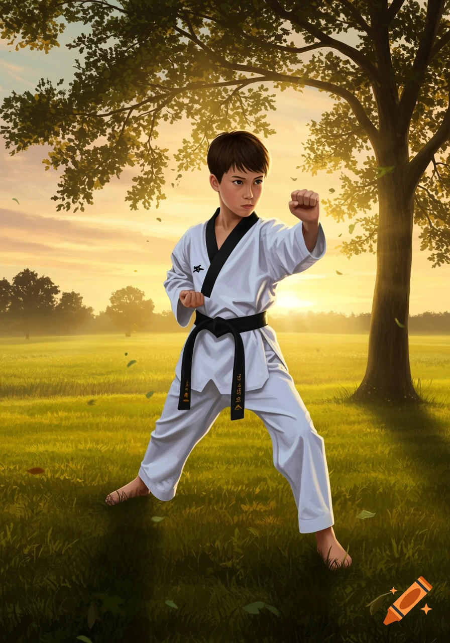 A boy in a white taekwondo uniform and black belt strikes a pose in a sunny, grassy field with a large tree.