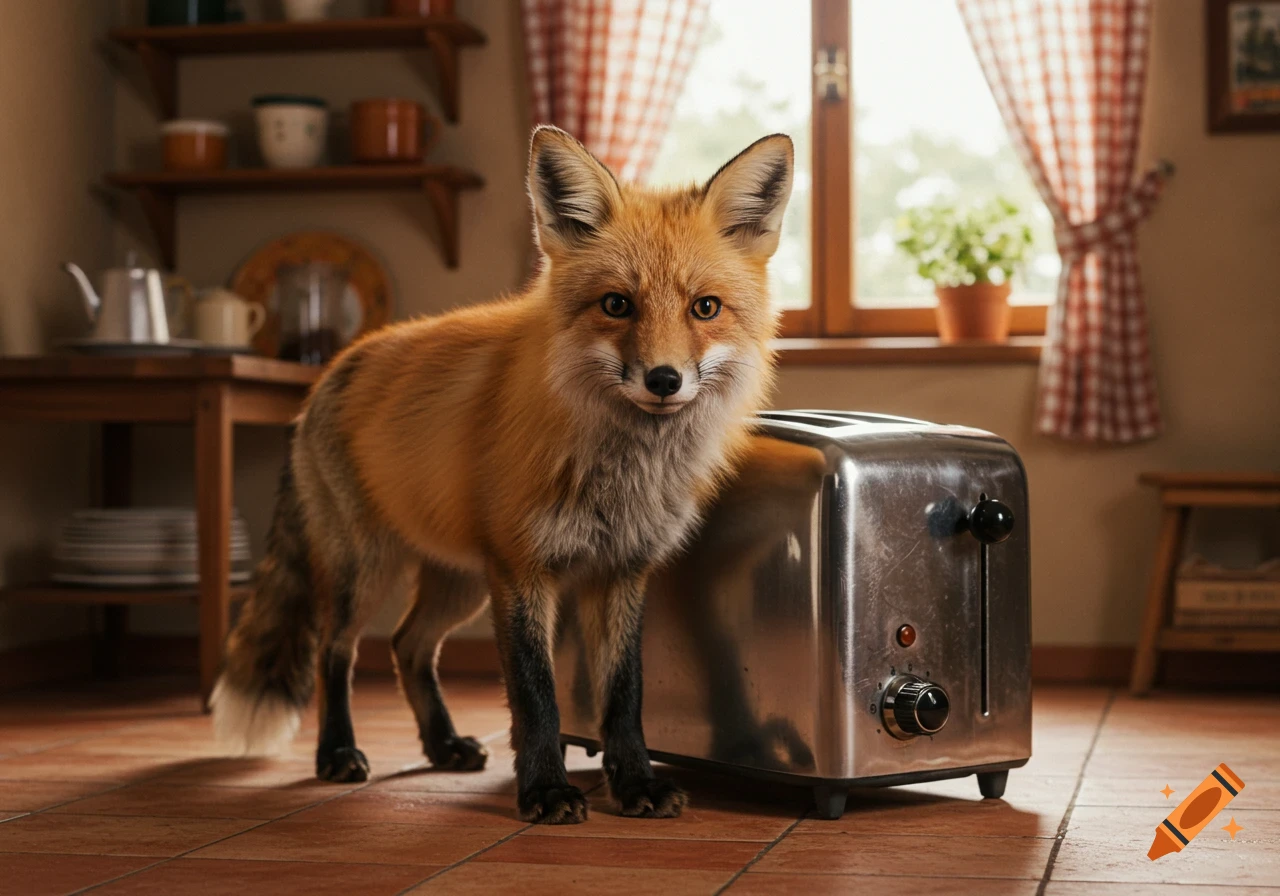 A photorealistic image of a red fox standing next to a chrome toaster on a tiled kitchen floor, with a window and shelves in the background.