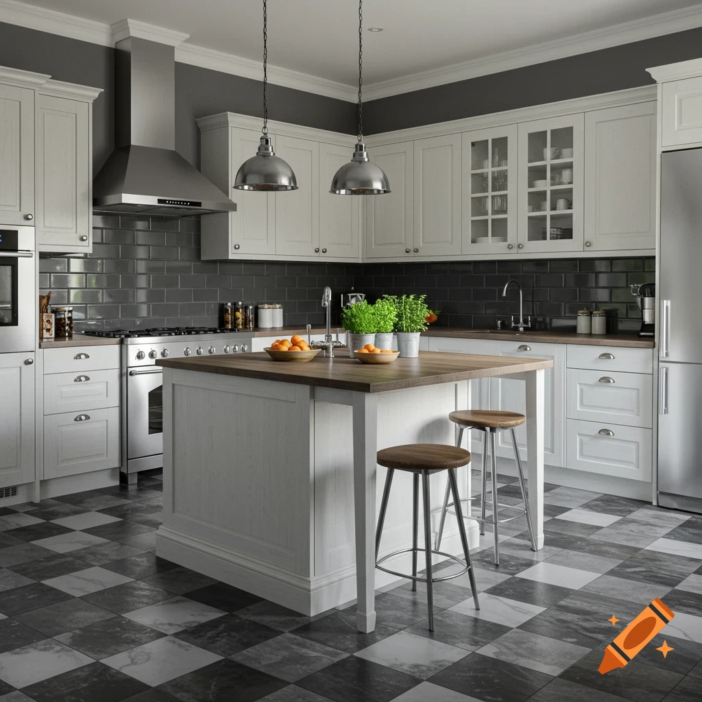 Photorealistic image of a modern kitchen with white cabinets, dark gray subway tile, a wooden island, stainless steel appliances, and a black and white checkered floor.