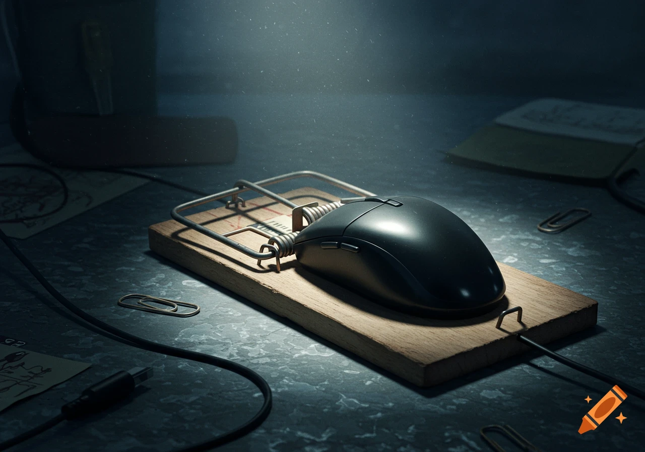 A black computer mouse caught in a wooden mousetrap on a dark, dusty desk, lit by a single spotlight.