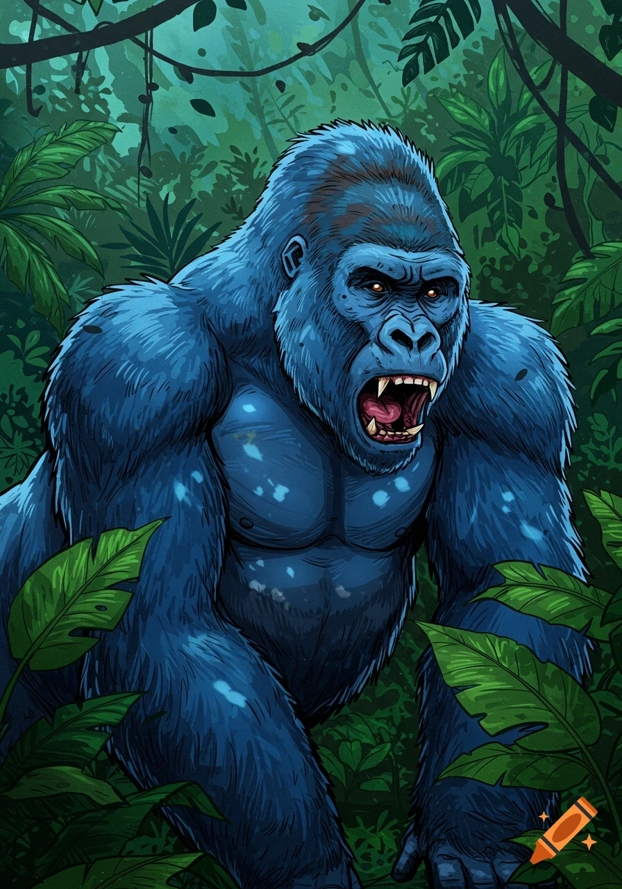 An angry blue gorilla with glowing eyes roaring in a dense green jungle in a detailed illustration style.