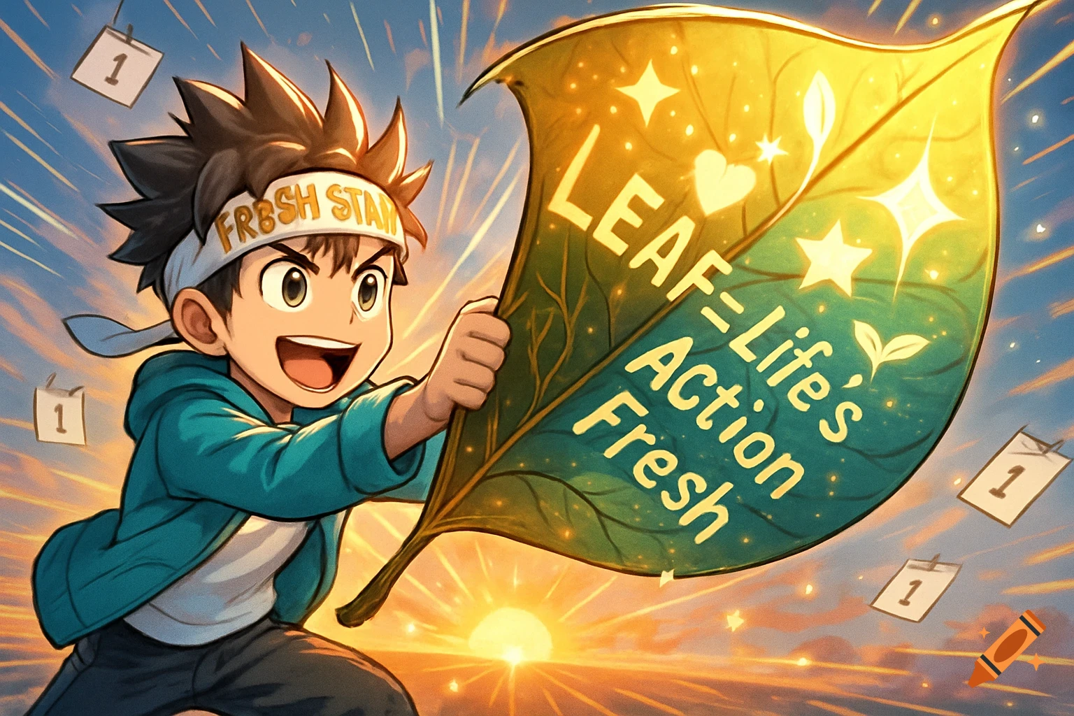 Enthusiastic anime boy in a 'FRESH STAM' headband holds a glowing leaf with 'LEAF=Life's Action Fresh' text, under a radiant sunrise.