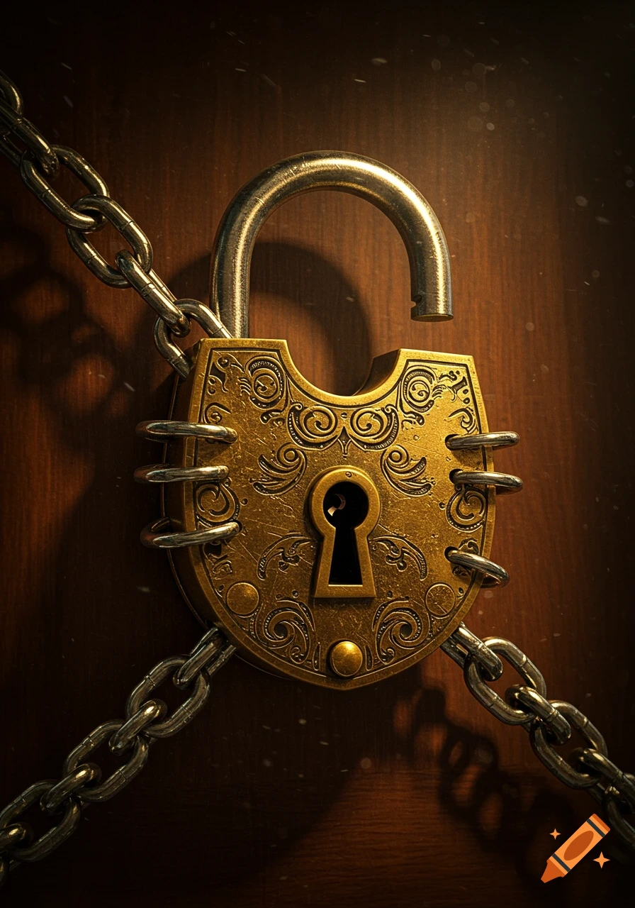 An ornate golden padlock with an open shackle and metallic chain on a wooden background. The keyhole is shaped like an inverted closed padlock.