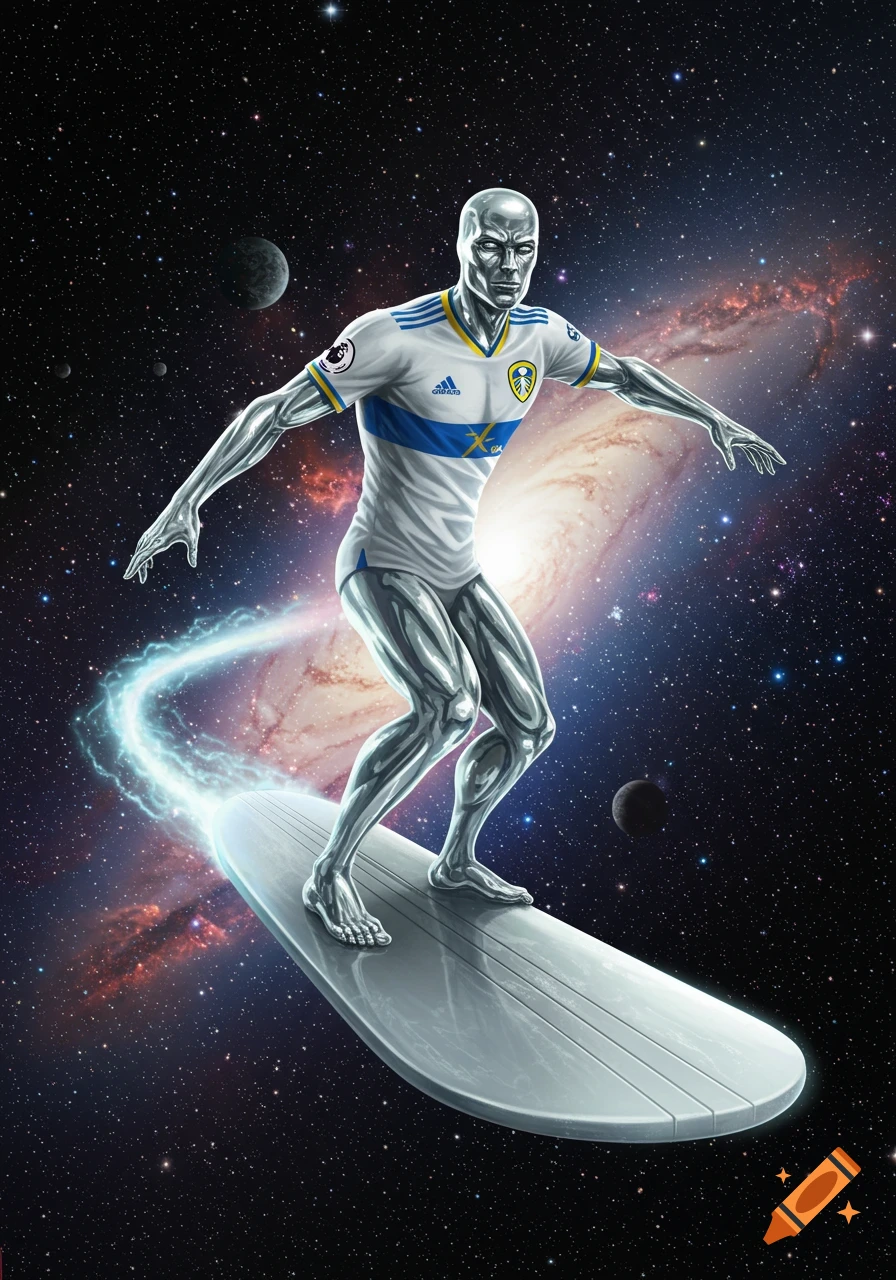 Silver Surfer, a metallic humanoid, in a white and blue Leeds United football jersey, riding a silver surfboard through a galaxy with planets.