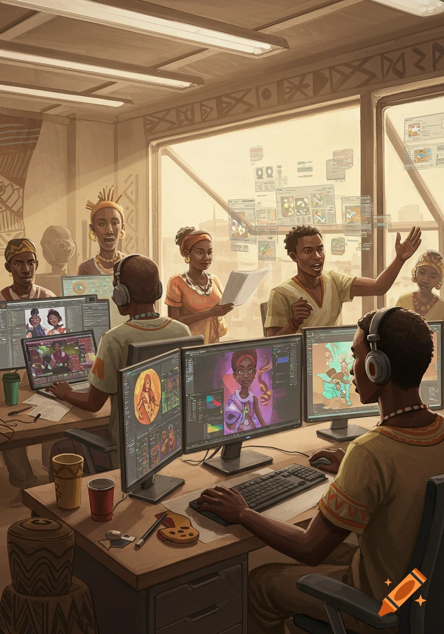 An illustration of African animators working in a modern office, using computers to create digital art, with one person presenting to a group.