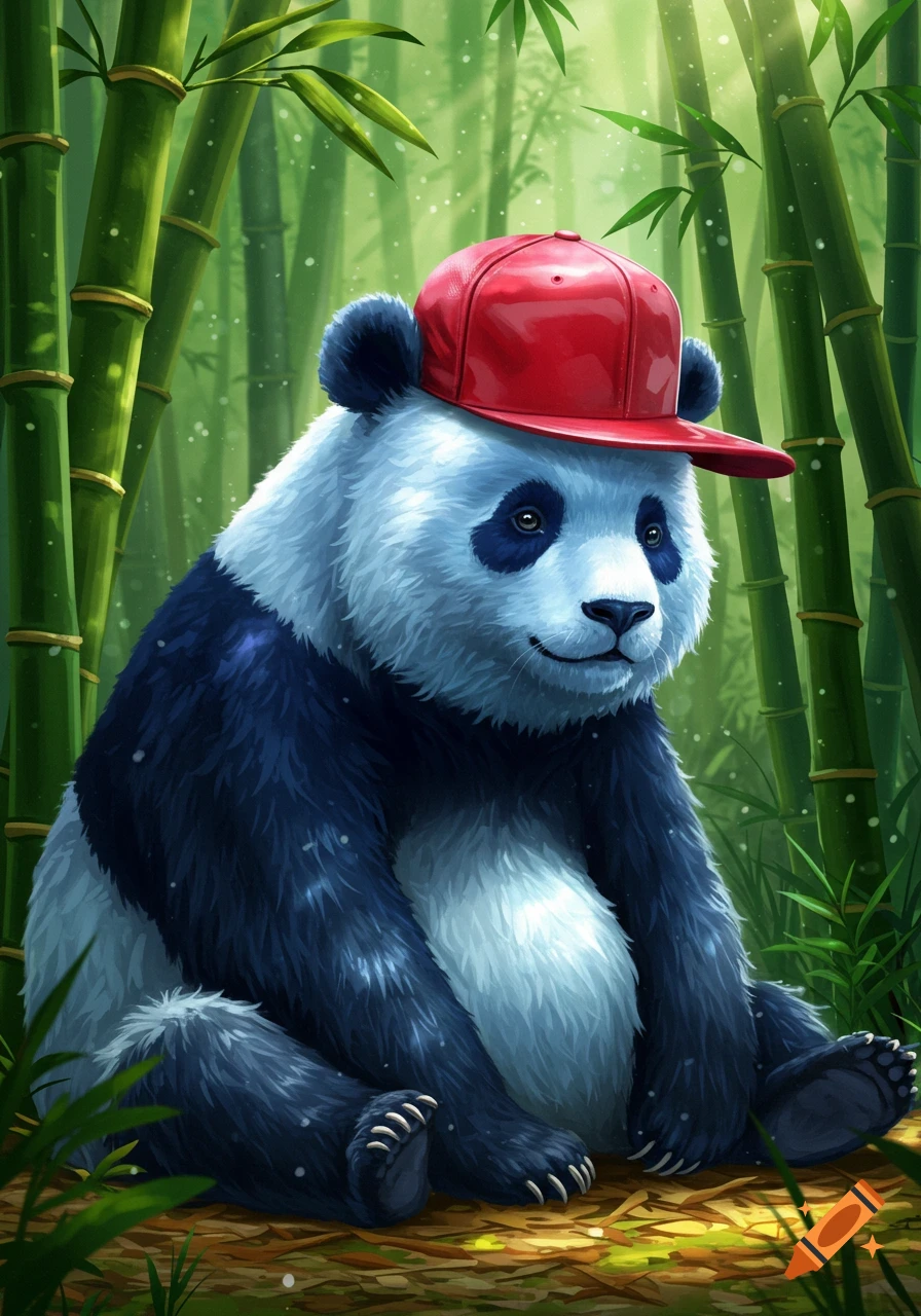 Illustrated blue panda wearing a red baseball cap, sitting in a lush bamboo forest.