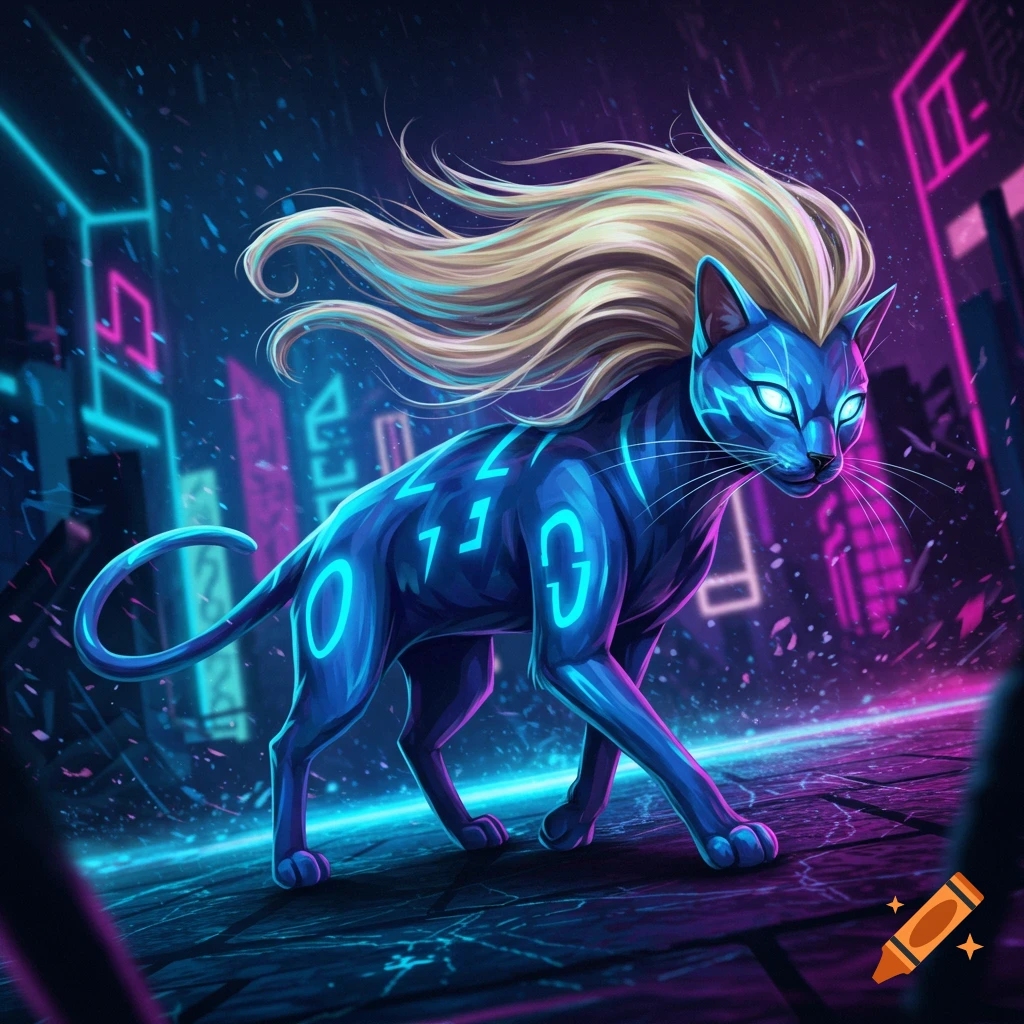 A glowing blue cyberpunk cat with long blonde hair walks through a neon-lit city street at night, with digital symbols on its body.