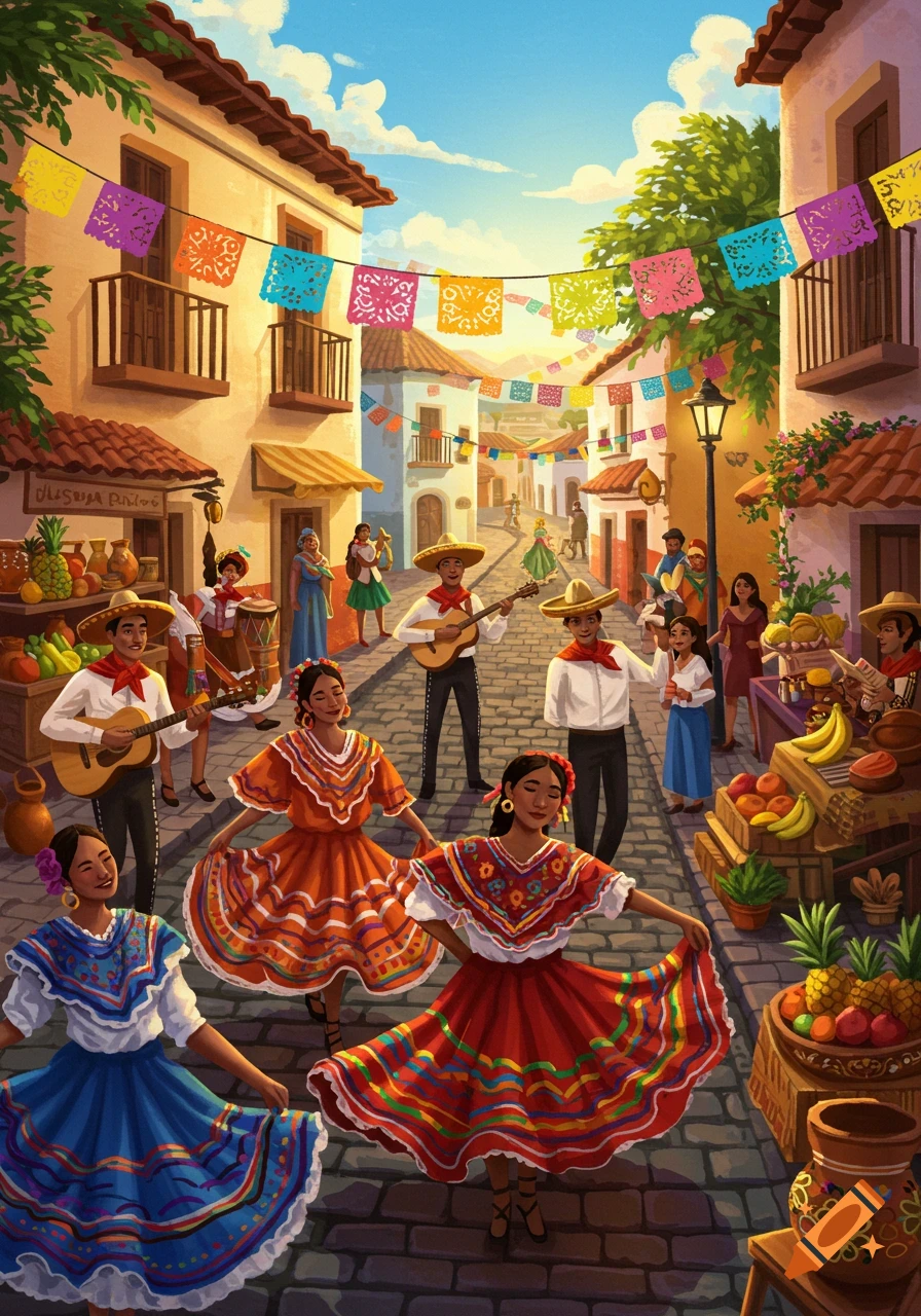 Vibrant illustration of a Hispanic street festival with people dancing in traditional dresses, musicians playing, and fruit stalls under colorful papel picado banners.