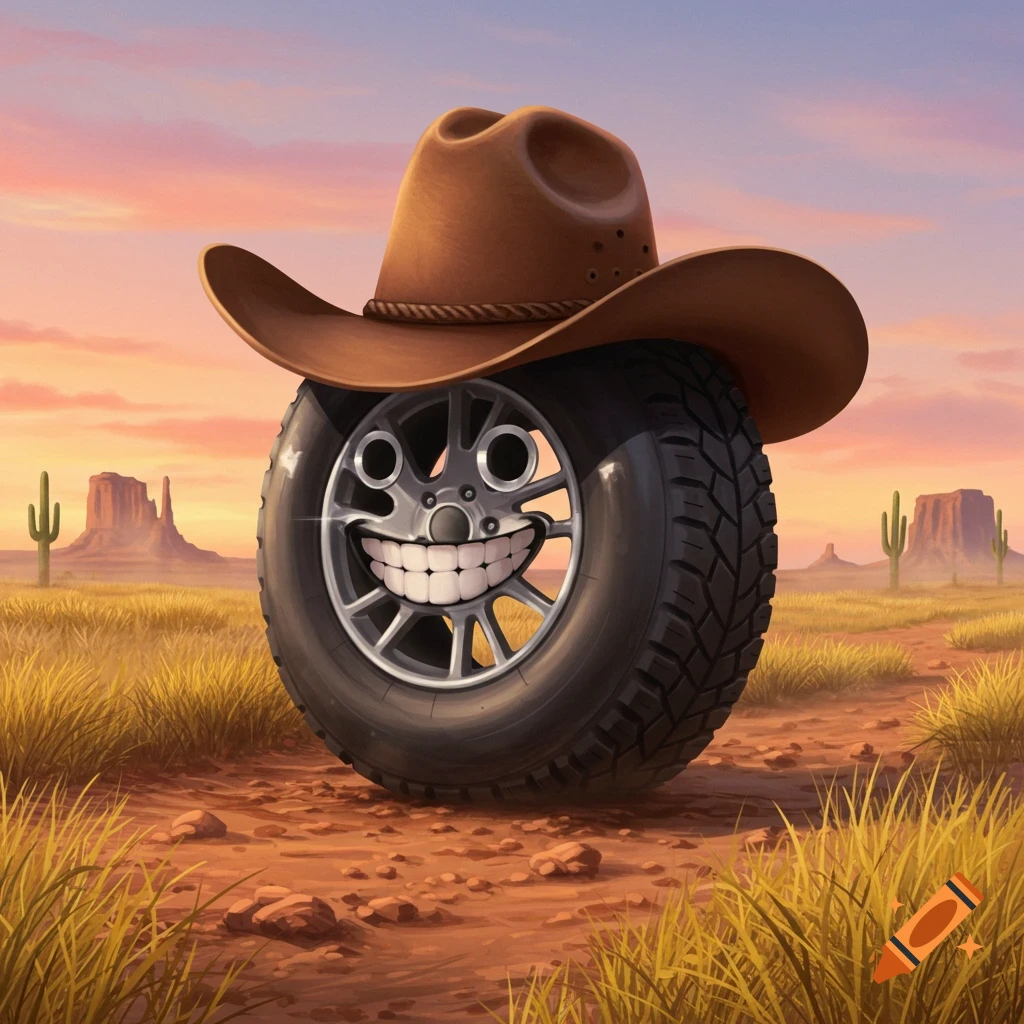 Smiling cartoon tire wearing a cowboy hat in a desert landscape with mesas and cacti.