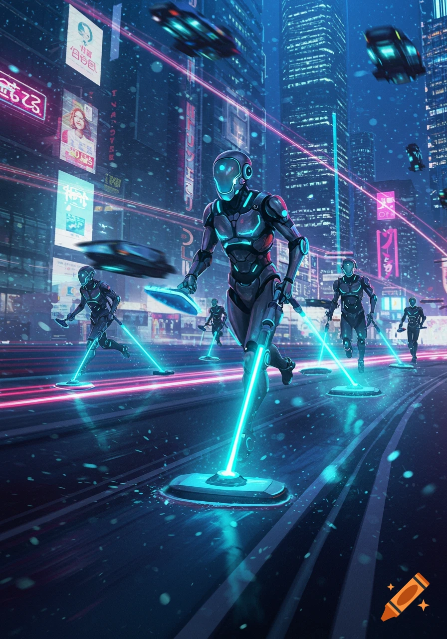 Robots with glowing blue lines run through a neon-lit futuristic city with flying vehicles in a cyberpunk style.