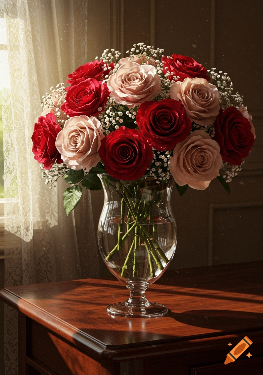 Photorealistic still life: A bouquet of red and champagne roses in a glass vase on a wooden table, bathed in soft window light.