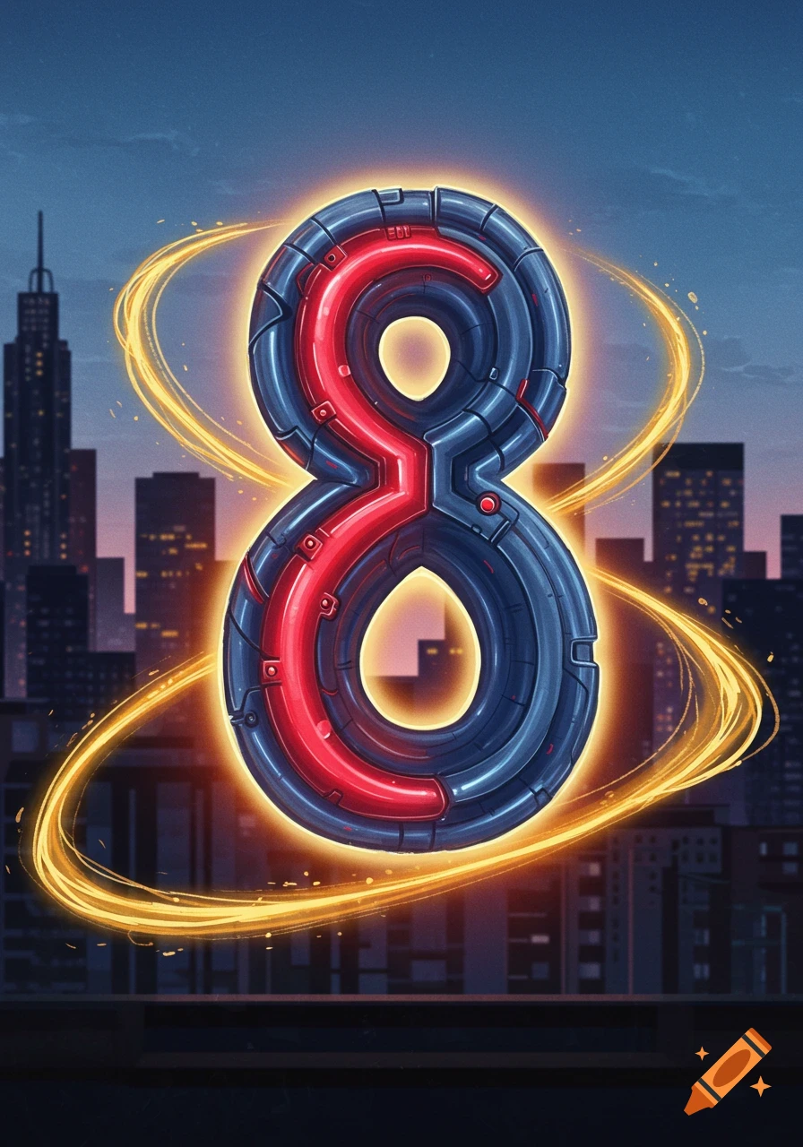 A stylized, glowing number 8 in a blue and red superhero costume, with golden energy rings, set against a city skyline at dusk.