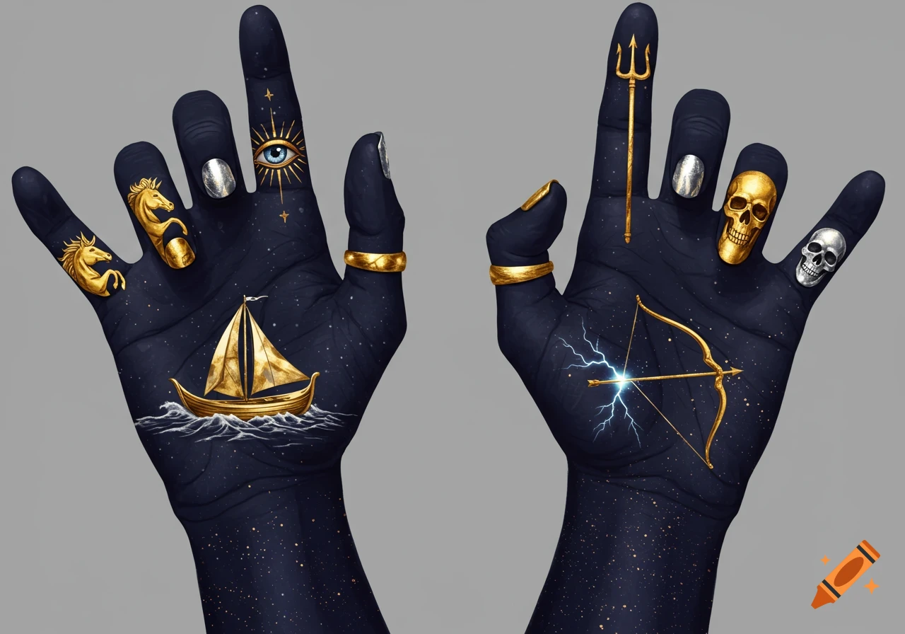 Two stylized dark blue hands, adorned with golden and silver mythical symbols including a sailboat, an eye, horses, a trident, a bow, and skulls.