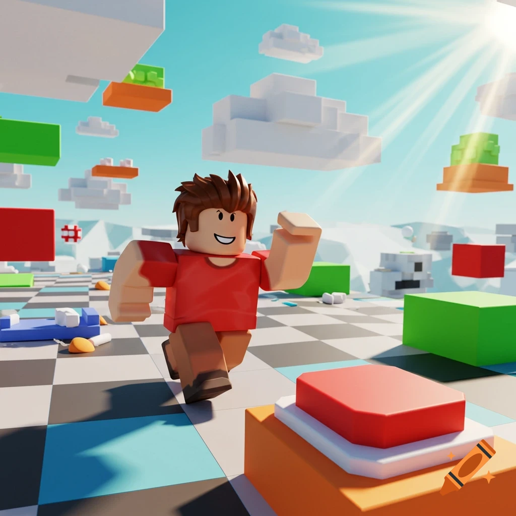 A Roblox-style character with brown hair and a red shirt runs on a checkered platform amidst floating block clouds and colorful blocks under a sunny sky.