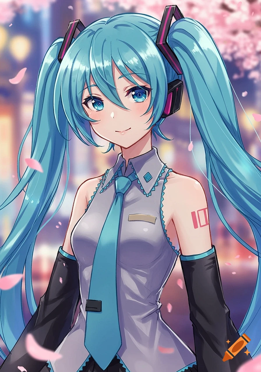 An anime girl with long blue pigtails and a grey and blue uniform smiles under falling cherry blossoms.