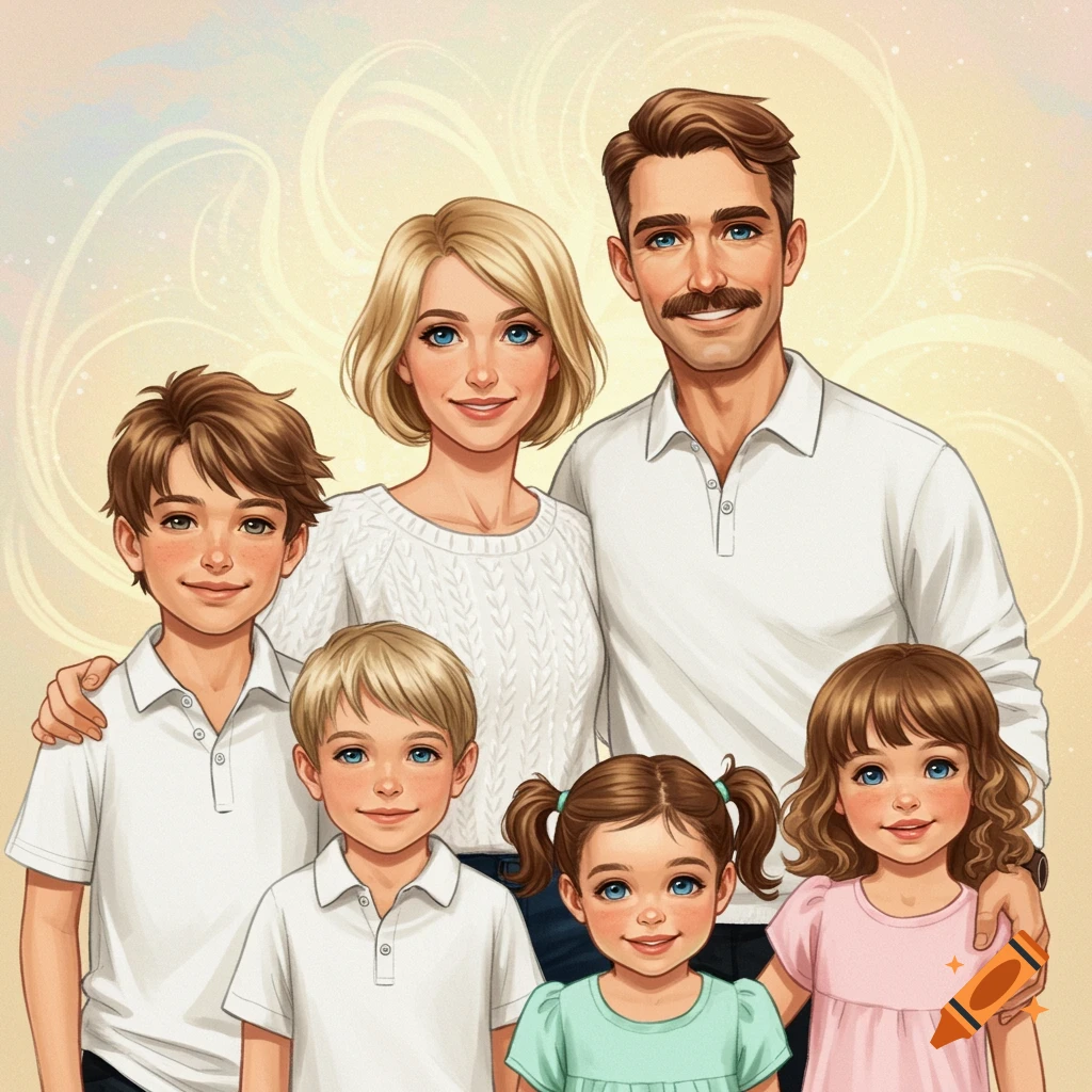An illustration of a family of six, including a mom, dad, two boys, and two girls, smiling. They are depicted in a friendly cartoon style.