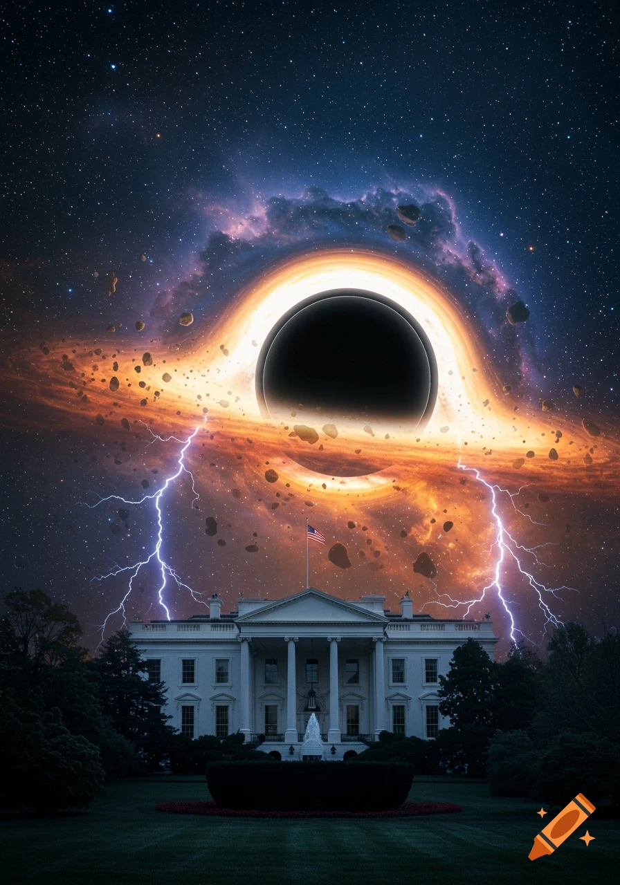 The White House stands beneath a cosmic black hole, surrounded by a fiery accretion disk, asteroids, and lightning against a starry sky.