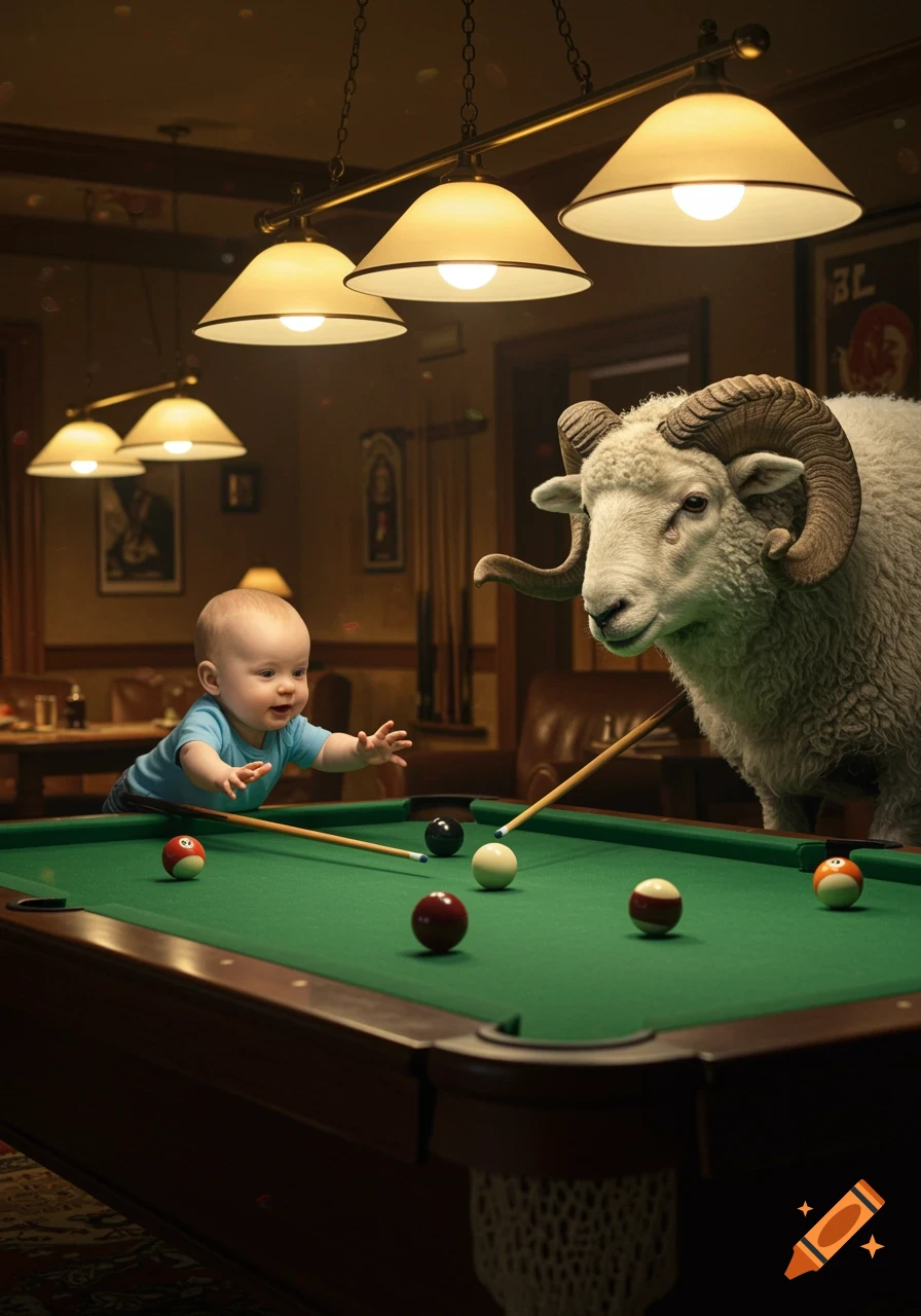 A photorealistic image of a smiling baby and a ram playing billiards in a dimly lit billiards room.