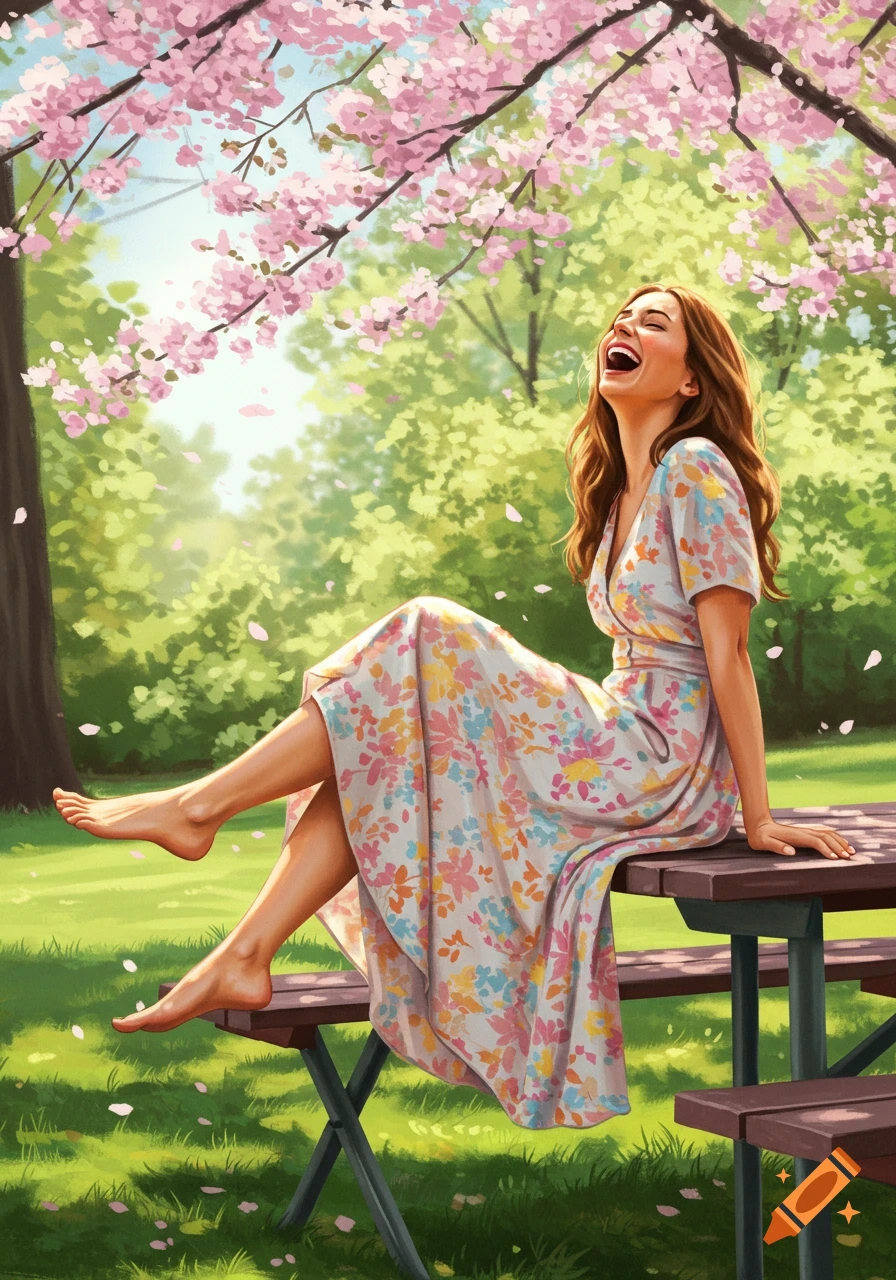 A joyful woman in a floral sundress sits barefoot on a picnic table under pink cherry blossoms. Illustration.