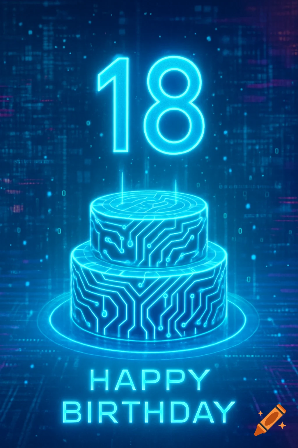A neon blue, two-tier birthday cake designed with glowing circuit board patterns, featuring the number '18' and 'HAPPY BIRTHDAY' text above, against a dark digital background.