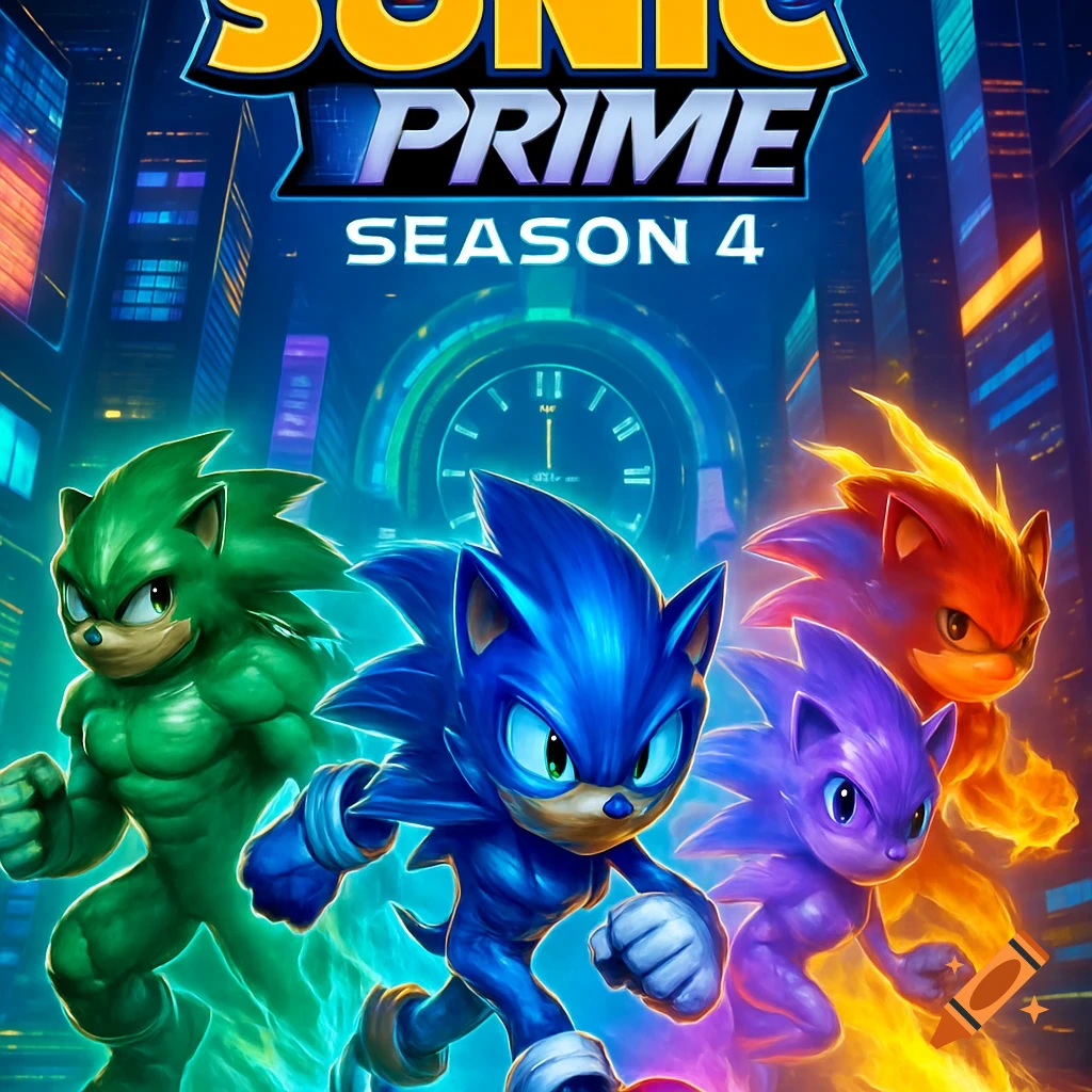 Blue, green, purple, and red Sonic characters run forward in a futuristic city at night, with 'SONIC PRIME SEASON 4' text.