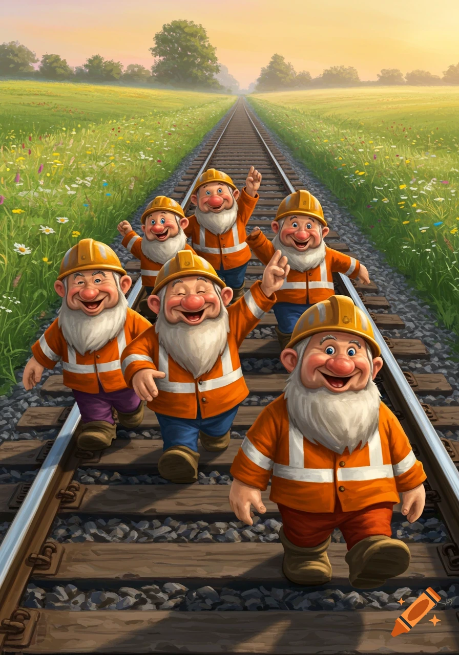 Six happy cartoon dwarfs in orange workwear and hard hats walk along a railway line through a green, wildflower field, illustration.