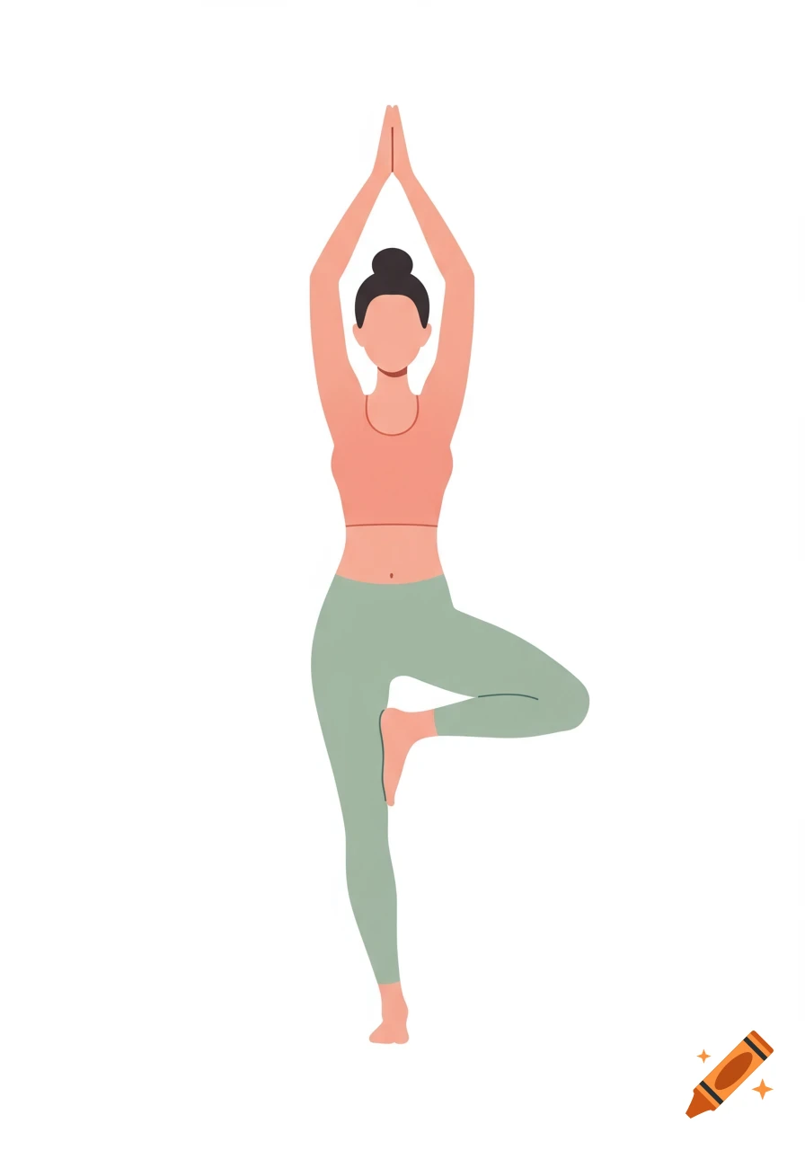 Flat vector illustration of a woman in Tree Pose yoga, with minimal details and pastel colors, on a white background.