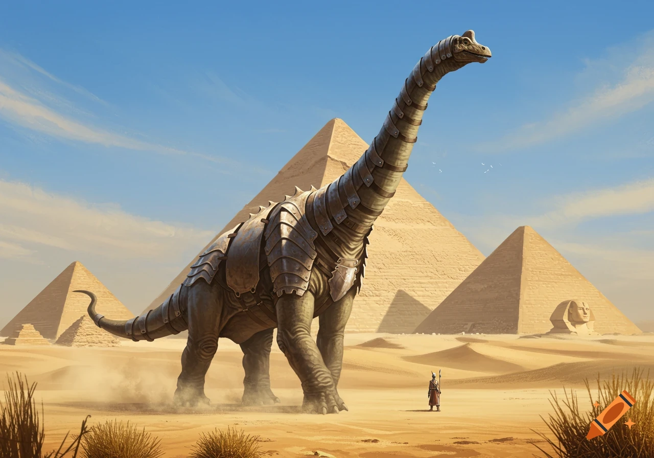 A towering brachiosaurus in plate armor walks through a desert landscape past the pyramids and Sphinx, with a small figure.