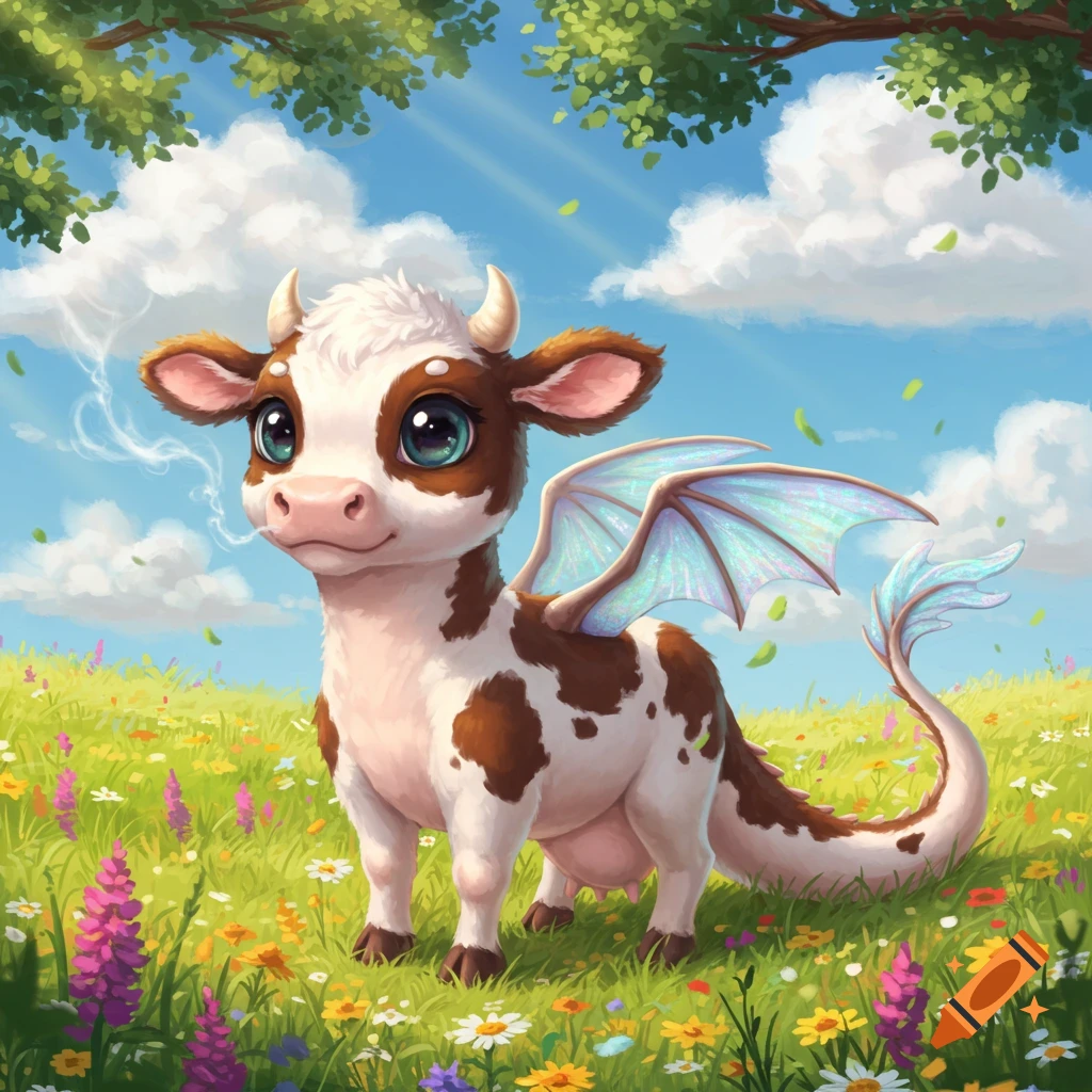 A cute, brown and white cow-dragon hybrid with blue wings and a long tail stands in a vibrant flowery field under a blue sky.