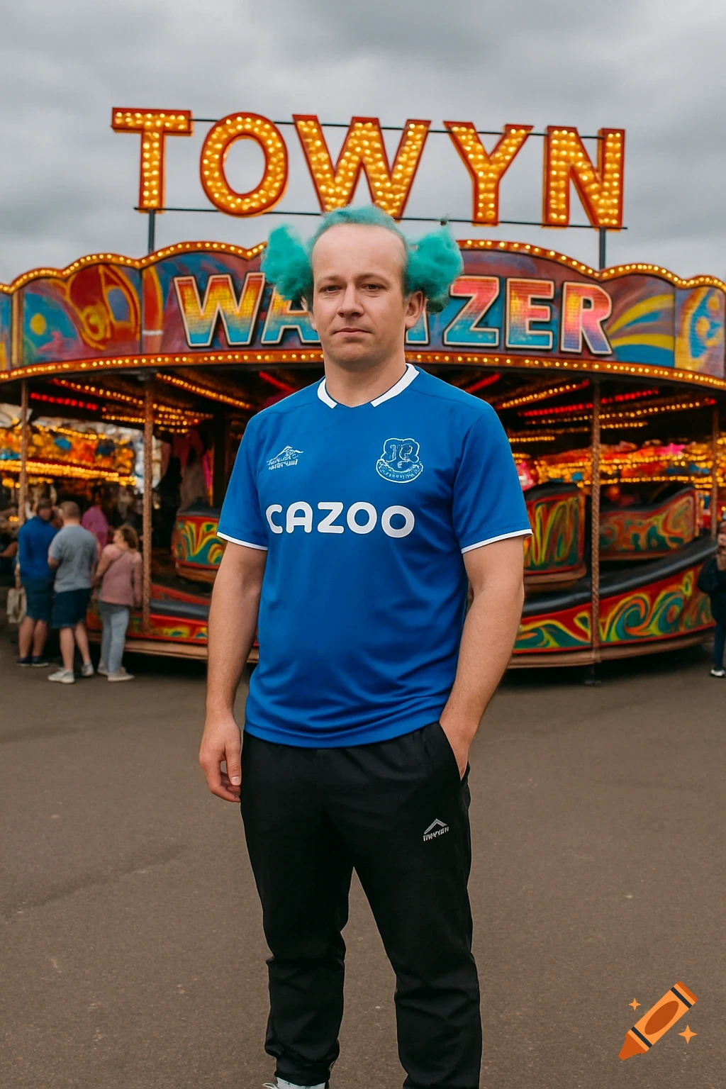 Man with turquoise hair in blue Everton jersey stands at a fairground with an illuminated sign in the background.