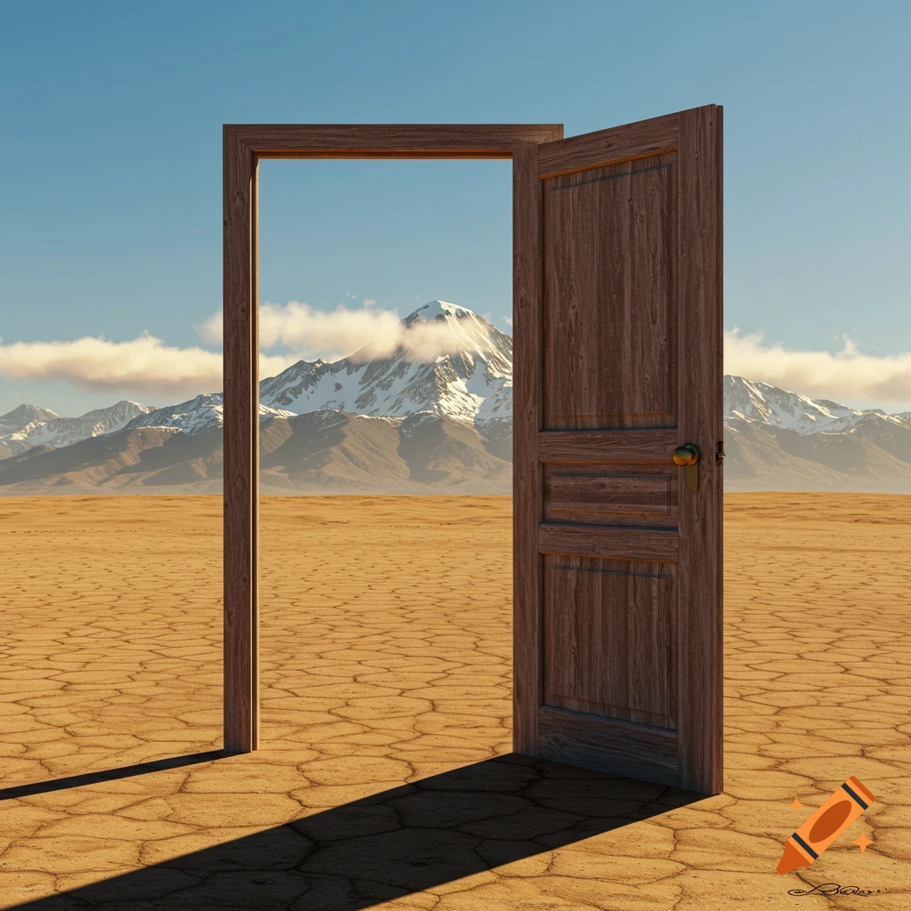Photorealistic image of an open wooden door standing in a cracked desert, revealing a snow-capped mountain range beyond.