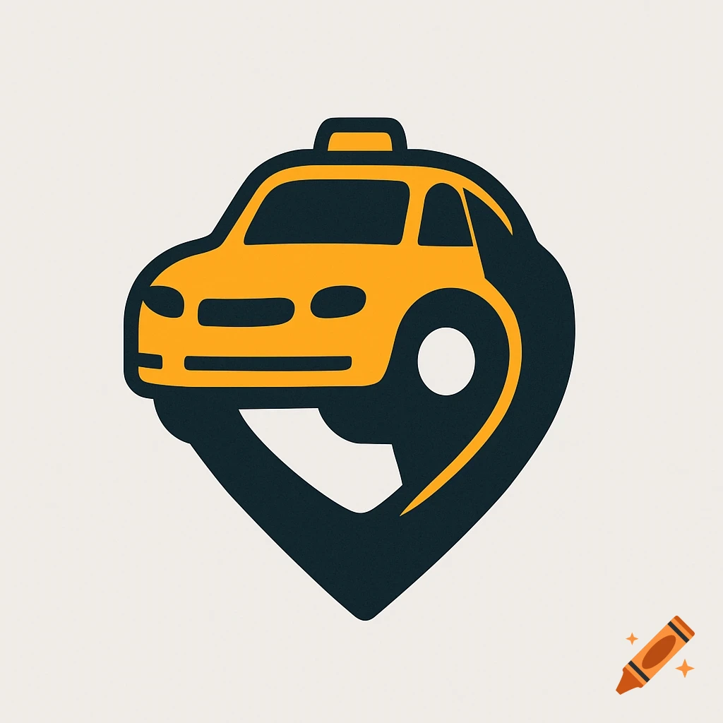 A stylized logo featuring a yellow taxi car positioned on top of a dark gray map location pin.