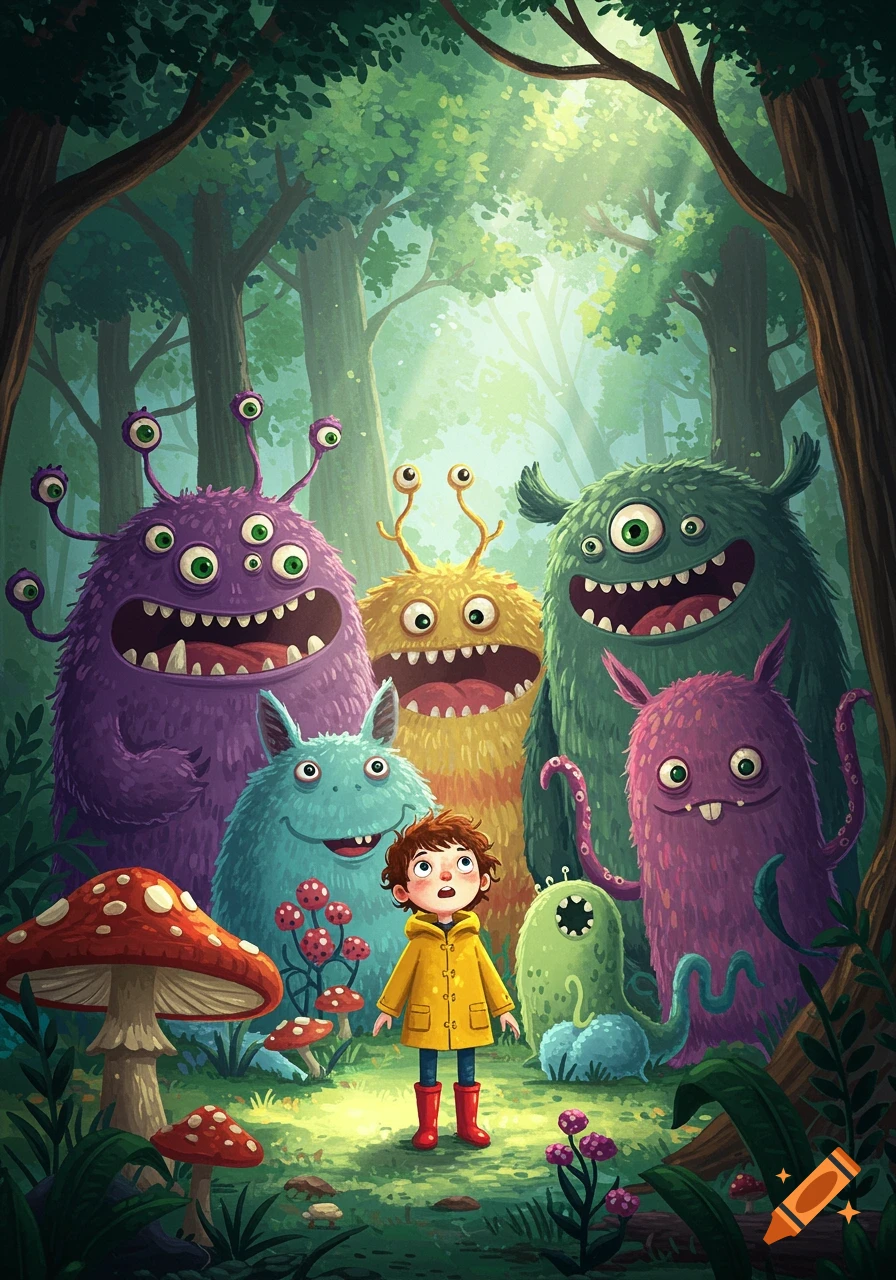 A curious child in a yellow raincoat stands in a whimsical forest, surrounded by colorful, friendly cartoon monsters and giant mushrooms.