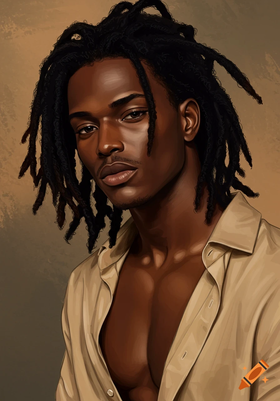 Digital painting of a handsome Black man with dreadlocks, looking at the viewer, wearing a partially unbuttoned beige shirt.