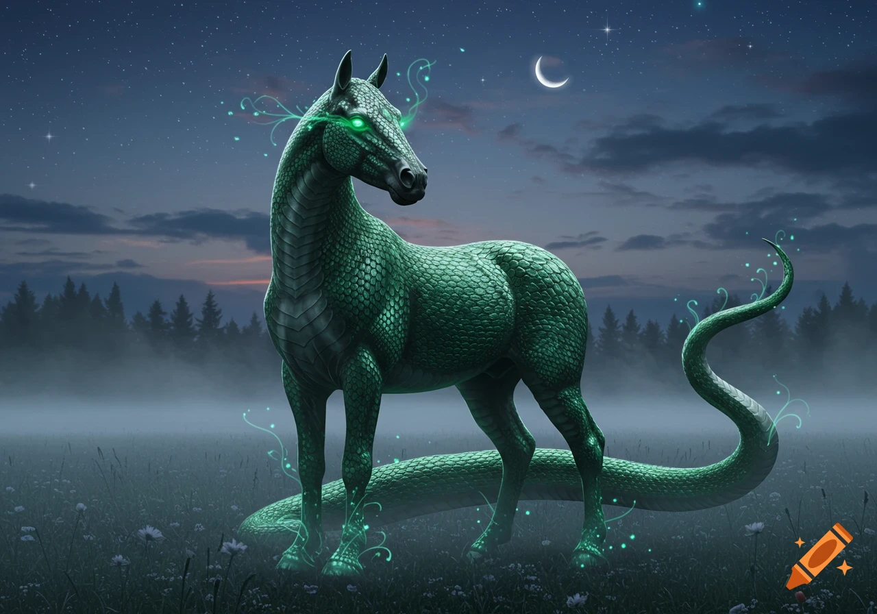 A mythical green scaled horse with glowing eyes and a snake tail in a misty field at night under a crescent moon.