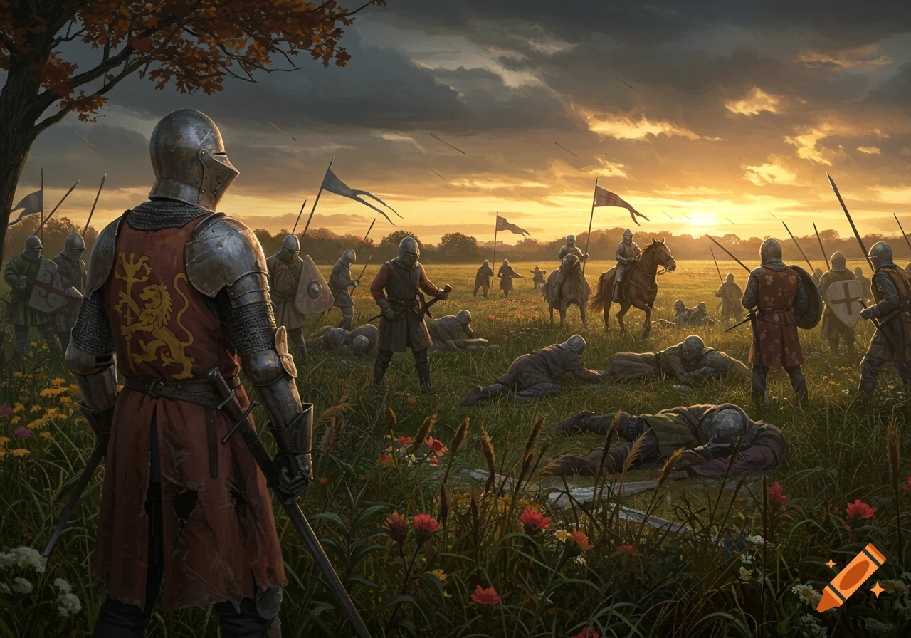 A medieval battle scene at sunset, with knights and soldiers in armor on a grassy field, some standing, some fallen.
