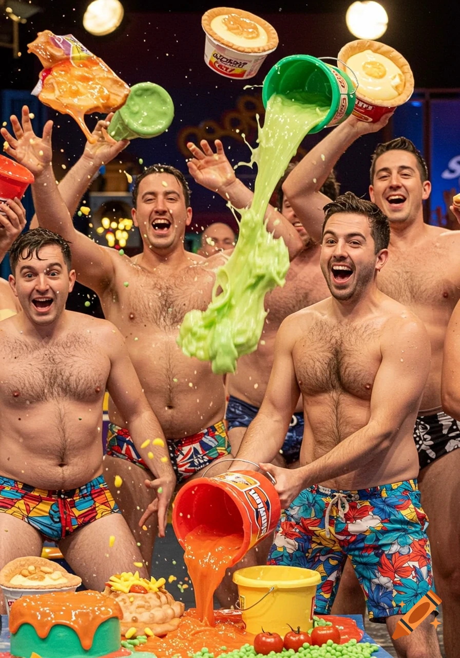 A group of cheerful shirtless men in swim trunks covered in colorful slime and pie fillings, throwing food in a messy game show.