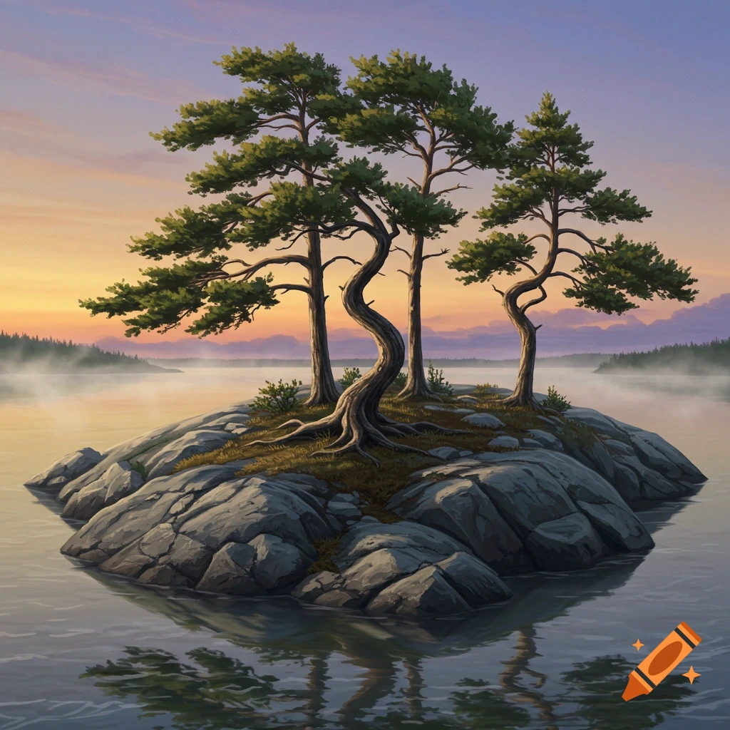 Windswept pine trees with exposed roots on a rocky island in a misty lake at sunset, digital painting.