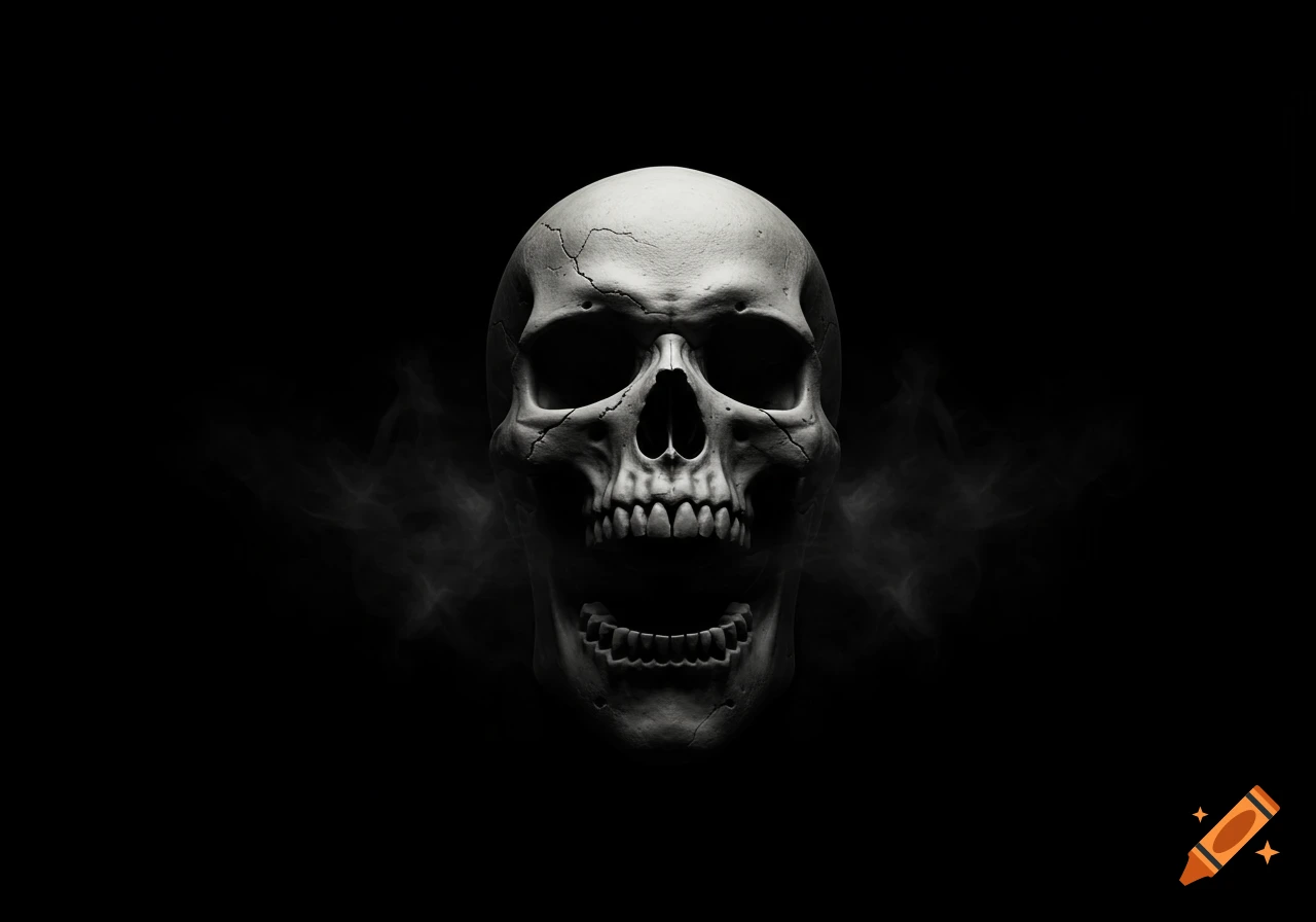 A menacing, cracked white human skull with its mouth open, surrounded by wisps of smoke, against a stark black background.