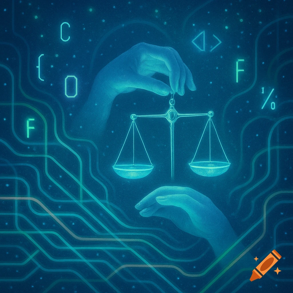 Digital illustration of hands holding a balance scale, surrounded by circuit lines and glowing code symbols like 'C', 'F', '{', '0'.