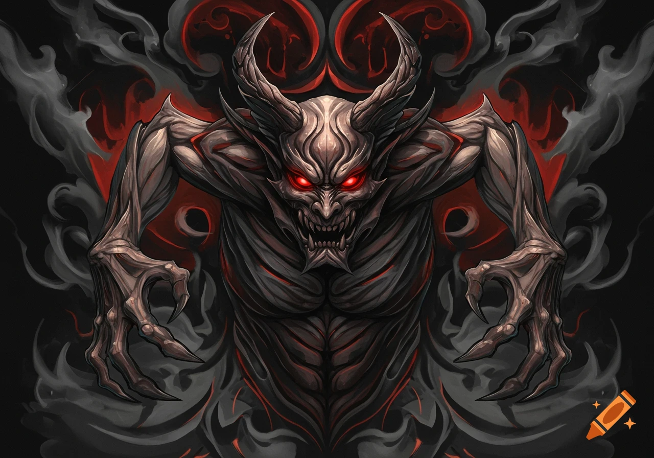 Stylized illustration of a fearsome demon with glowing red eyes and sharp claws, amidst red and grey smoke.