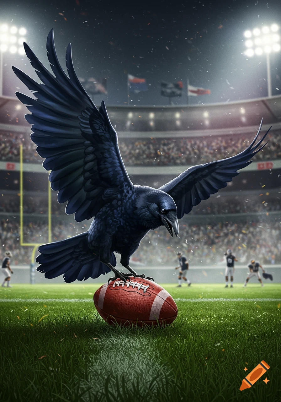 A majestic black raven with spread wings stands atop a football in a vibrant, spotlight-lit stadium during a game. Dynamic illustration style.