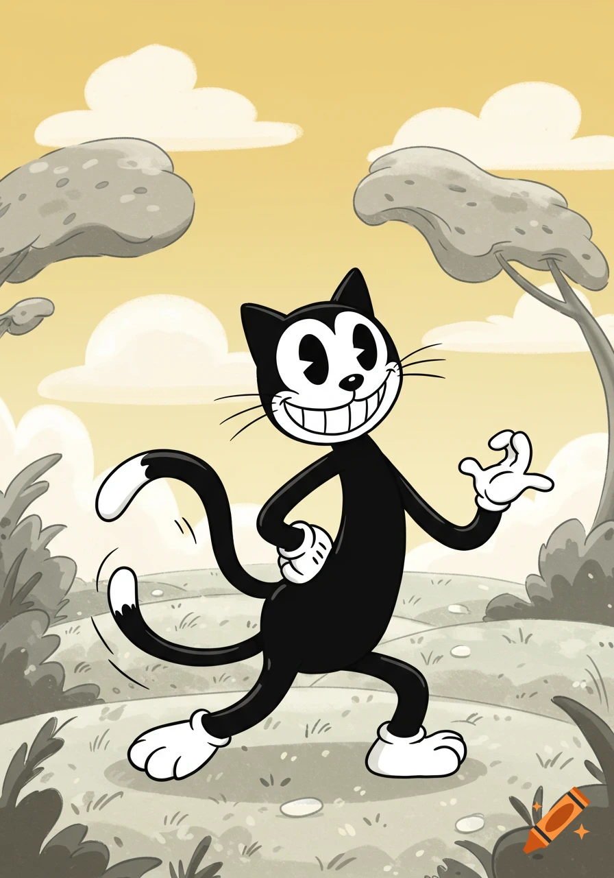 Smiling black and white rubberhose cartoon cat walks in a yellow-toned outdoor scene with trees and clouds.
