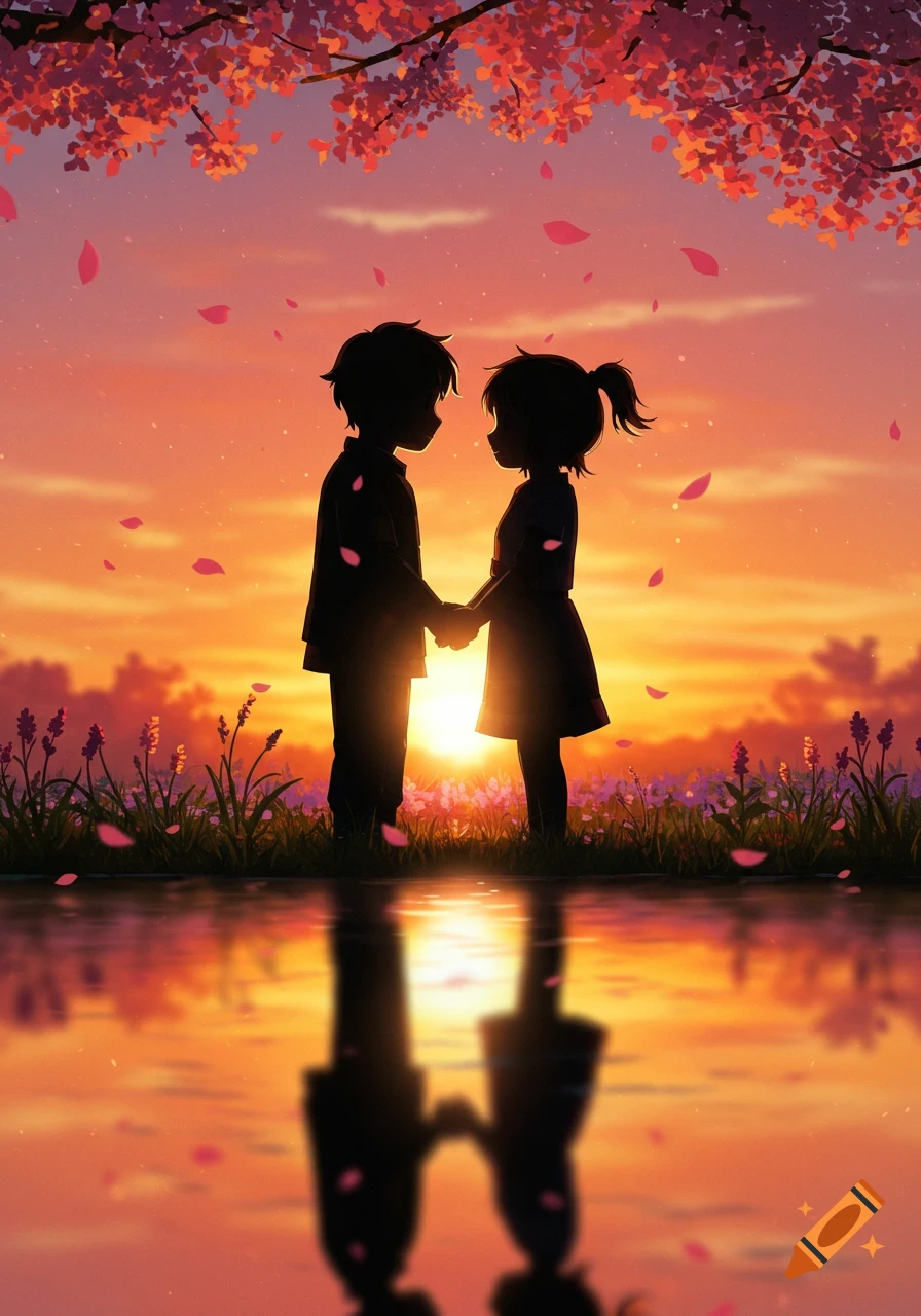 Anime silhouettes of a couple holding hands at a vibrant sunset with a tree and reflections in the water.